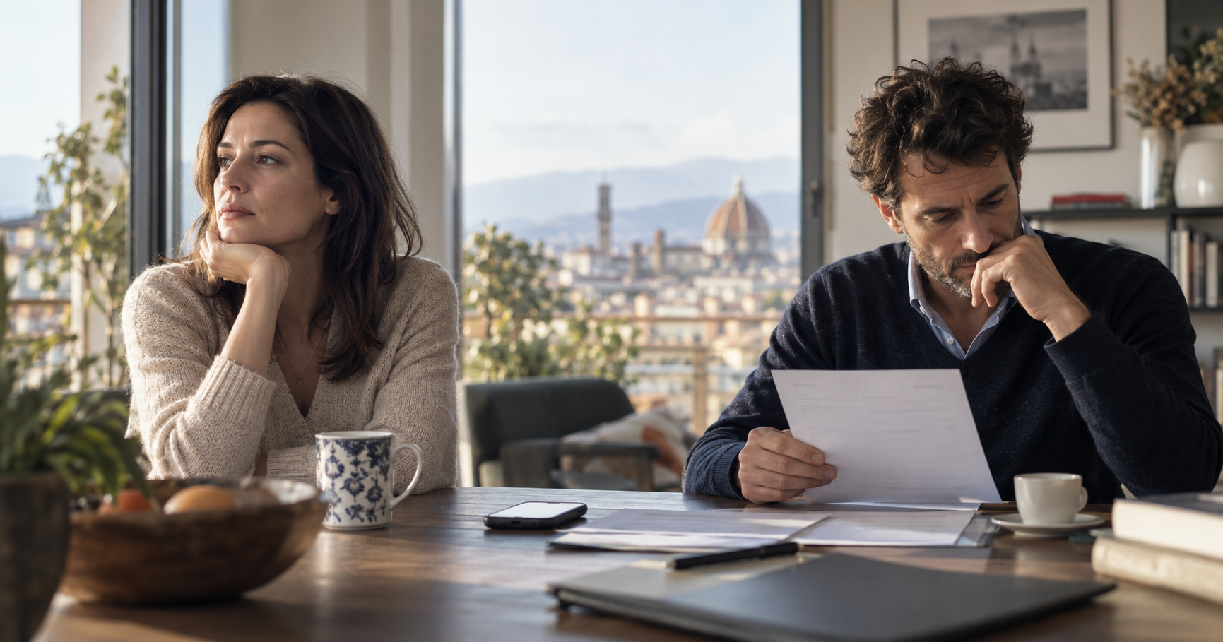 Divorzi in Toscana Coppia adulta in un appartamento a Firenze riflette davanti a documenti durante una fase di separazione, immagine dell’articolo sul calo dei divorzi e su ciò che i dati statistici non raccontano delle relazioni familiari. Cecconi Nannini Avvocati Associati, studio legale a Firenze specializzato anche in diritto di famiglia, separazioni e divorzi, assistenza legale per Firenze e Toscana