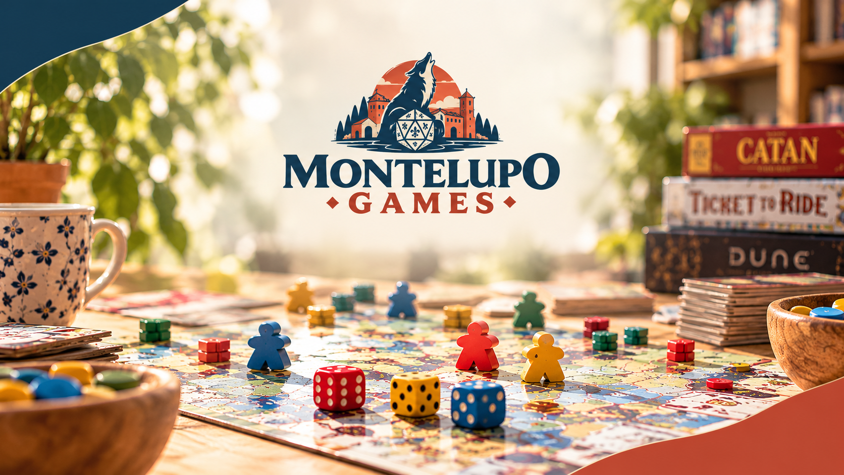 Cover editoriale orizzontale di Montelupo Games, gruppo di appassionati di giochi da tavolo, giochi di carte e giochi di ruolo per adulti, dedicato alla condivisione della passione per il gioco e al divertimento in compagnia. Il visual presenta il logo ufficiale con lupo, borgo e dado a venti facce, un tavolo ricco di giochi, dadi e pedine colorate. Gli incontri si svolgono presso Risorti Spazio Culturale, in via Baccio da Montelupo 13–15, a Montelupo Fiorentino. Per seguire le attività e restare aggiornati: Instagram @montelupogames. Palette blu navy, terracotta e crema, stile fotografico caldo e raffinato.